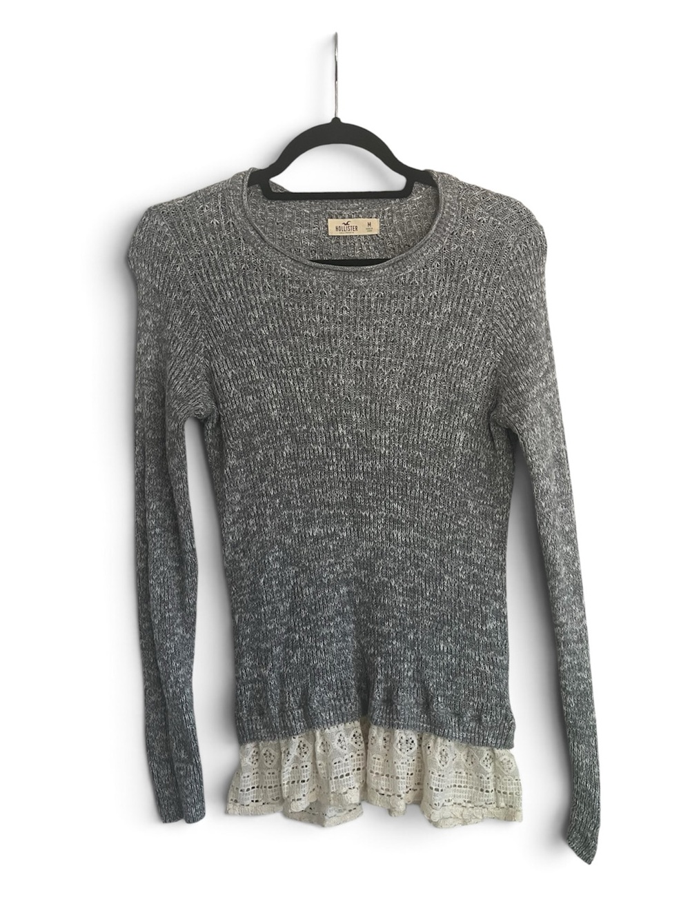 Y2K Hollister Gray Knit Sweater Lace Hem Long Sleeve Cottagecore Grunge Indie M